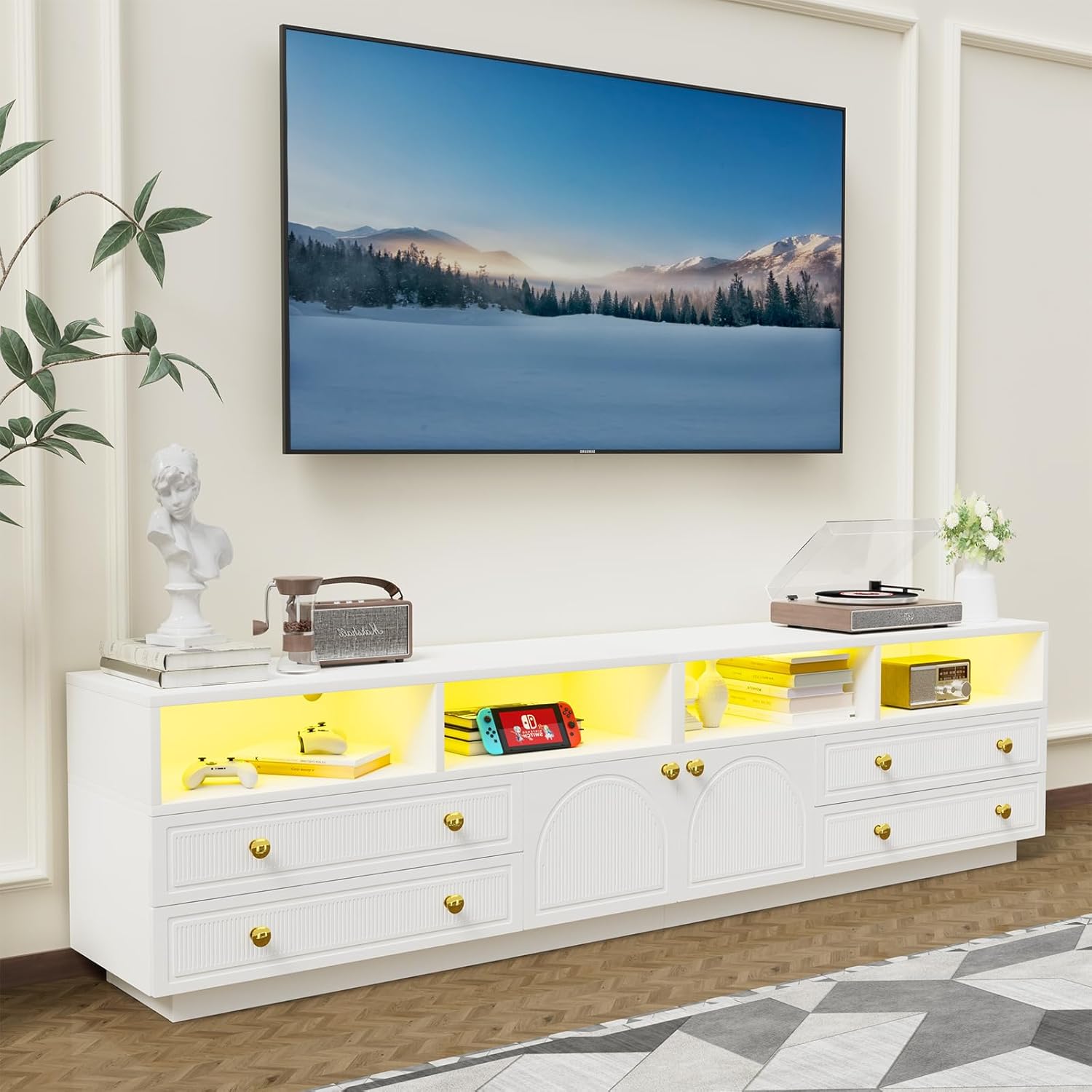 86.6in LED TV Stand for 85/90/95/100 inch TV, Modern LED TV Stand for Living Room, Fluted TV Entertainment Center with 8 Storage Drawers and Cabinet, RGB Light, Smart Modern TV Cabinet, White