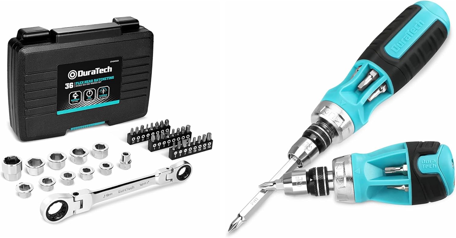 DURATECH 2PCs Ratcheting Screwdriver Set and DURATECH 36PCS Flex-Head Ratcheting Wrench Set