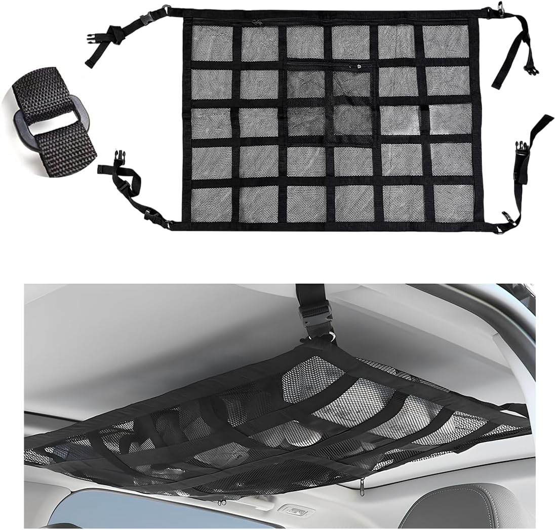 Car Ceiling Cargo Net Pocket, 30.3"×25.6" Strengthen Load-Bearing and Droop Less Mesh Organizer, Double-Layer Adjustable Buckle Roof Cargo Net for Long Travel Road Trip Large