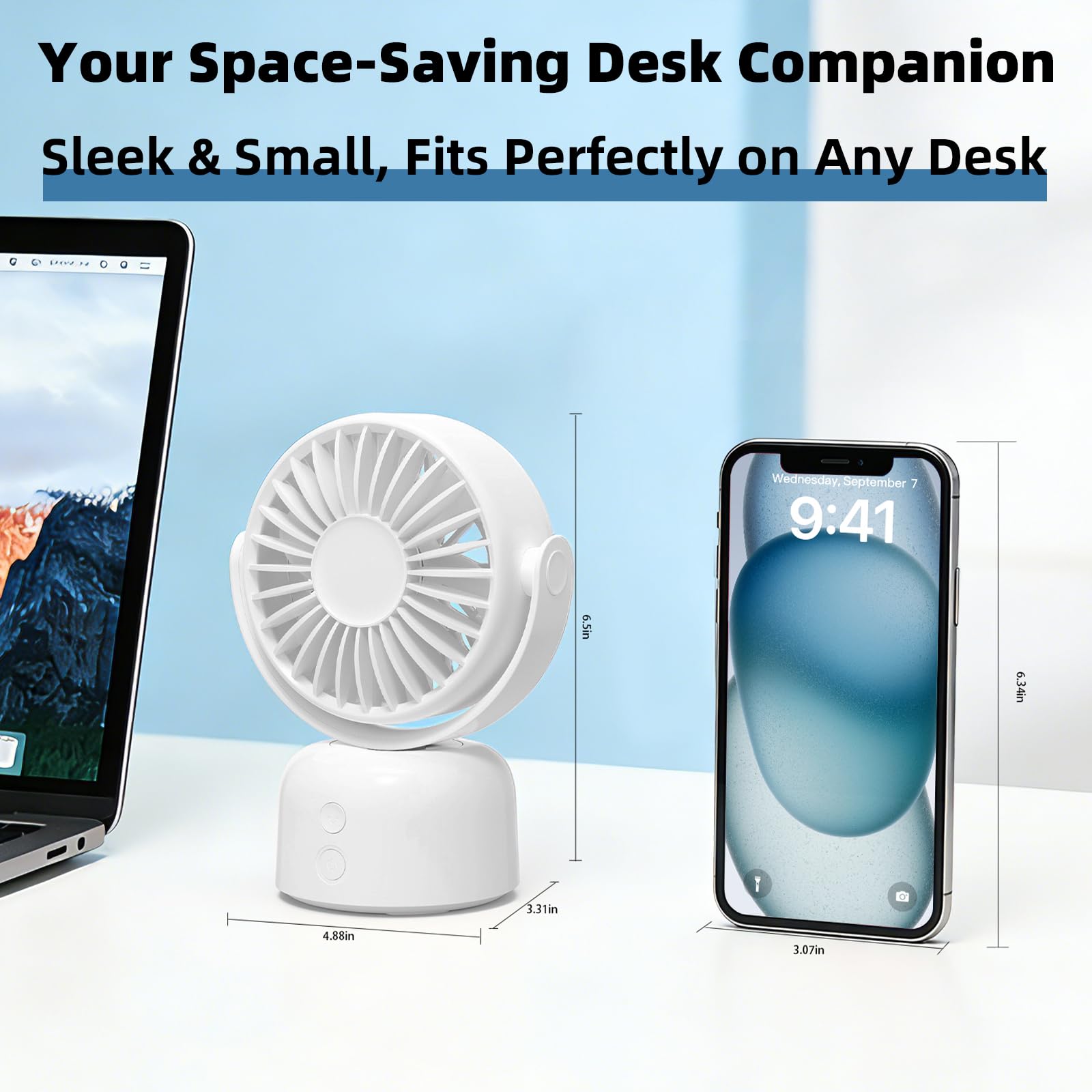 Pequeño ventilador de escritorio oscilante recargable por USB de 3 velocidades, portátil, mini ventilador de refrigeración silencioso para el hogar, oficina, dormitorio