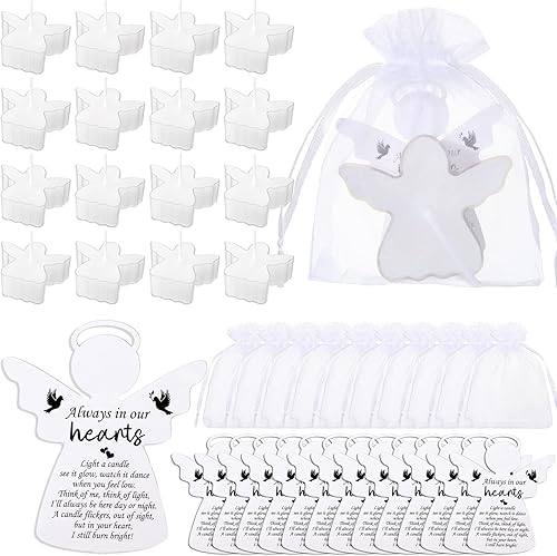 36 juegos de velas de té conmemorativas con diseño de ángeles, recuerdos funerarios con tarjetas de agradecimiento y bolsas de organza para