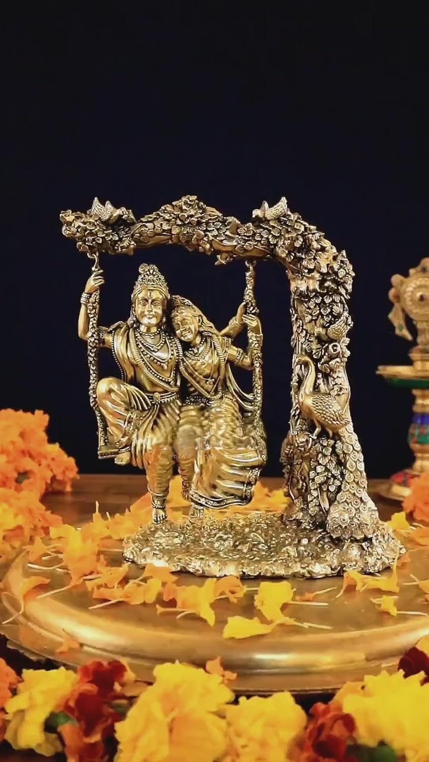 Premium Brass Radha Krishna Swing Statue 15cm Radha Krishna Jhula Idols for Home Temple Goddess Radha Lord Krishna Hindu Divine Couple RadheKrishna Figure |