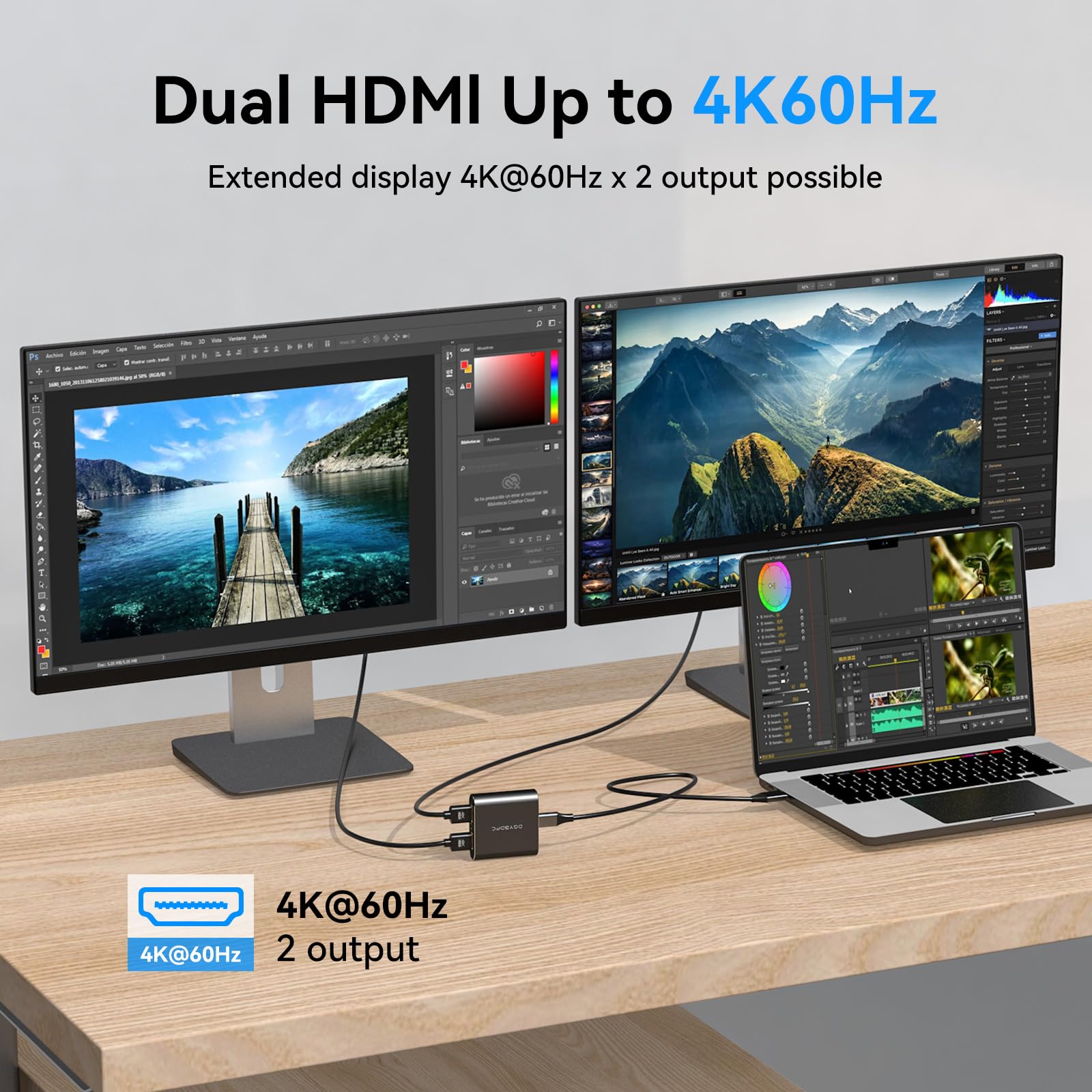 Adaptador USB C a HDMI dual para 2 monitores Dual 4K a 60Hz Pantalla extendida Tipo C a HDMI Splitter 1 en 2 Salida para Laptops MacBook Pro Air etc. Plug and Play Sin controlador macOS Solo 5