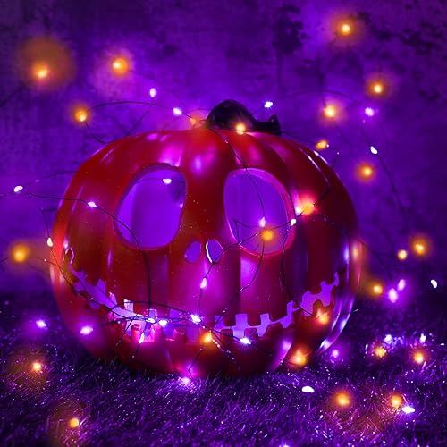 Miniatura 3 de Lomotech Paquete de 2 luces solares de Halloween, 33 pies, 100 luces LED naranja y morado de Halloween, impermeables, 8 modos de luces parpadeantes,