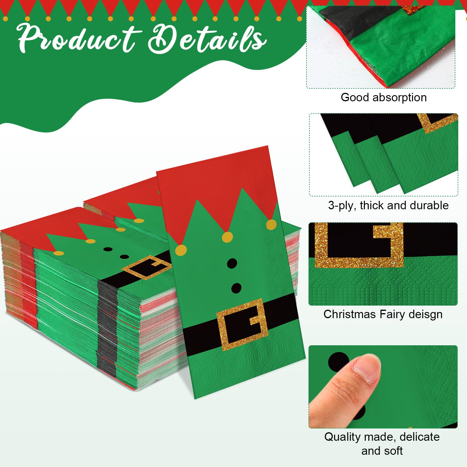 Lot de 200 serviettes de Noël jetables en papier 3 plis pour invités de Noël - Fournitures de fête d'hiver, décorations de table (style elfe)