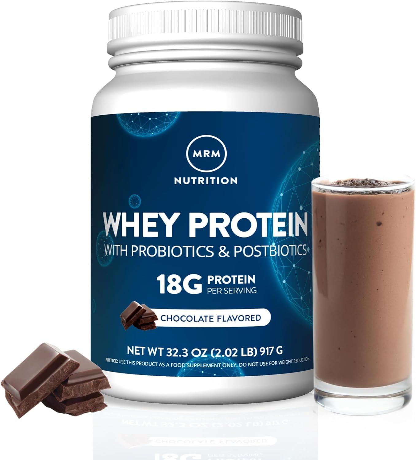 MRM Nutrition Whey Protein - Chocolate Flavored, Microfiltered Whey Protein Isolate & Concentrate, 16 Different Probiotic Strains, BCAAs, & Digestive Enzymes, Gluten Free, for Women & Men - 33 Servings