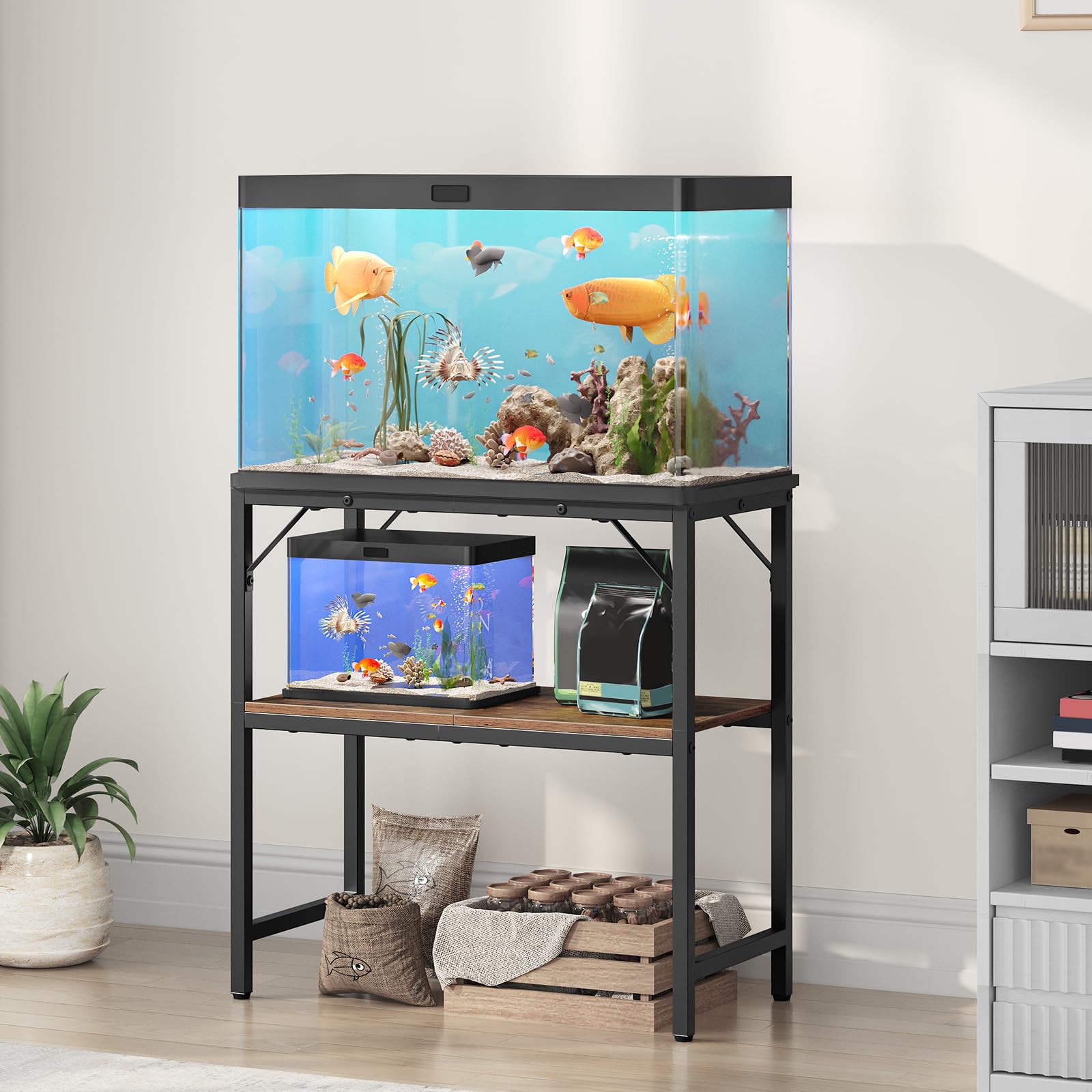 MAHANCRIS Support d'aquarium, Meuble d'aquarium 20 L, Étagère d'aquarium, Table d'aquarium à 2 étages, Support de réservoir de poisson avec étagère, Capacité de charge 204 kg, 61 x 30 x 62 cm, Marron