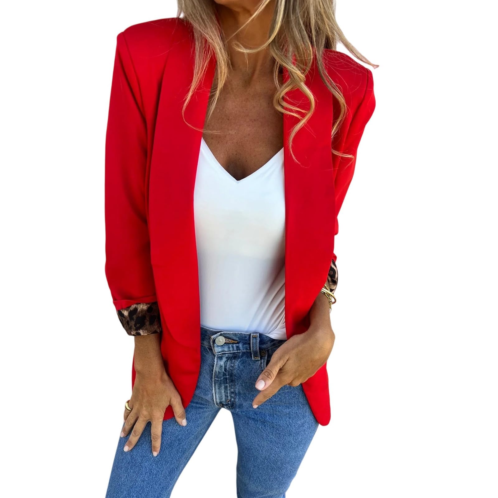 Womens Casual Blazers Long Sleeve Leopard Cuff Jackets Lapel Open Front Button Work Business Blazer Jackets