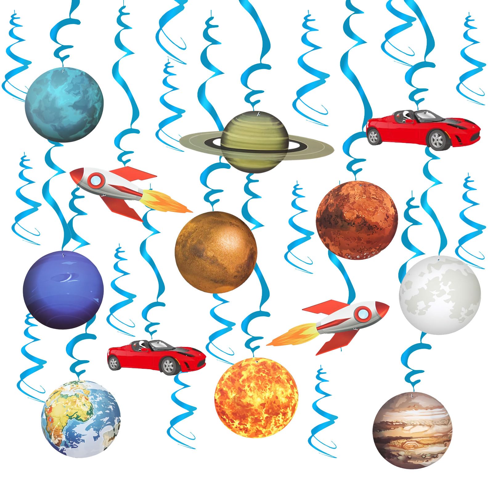 Space Planets Decoration 30 Pieces Solar System Streamers Birthday Spirals Decoration Children's Room Swirl Decoration Space Children's Birthday Party Accessories Ceiling Hanger Rocket Hanging