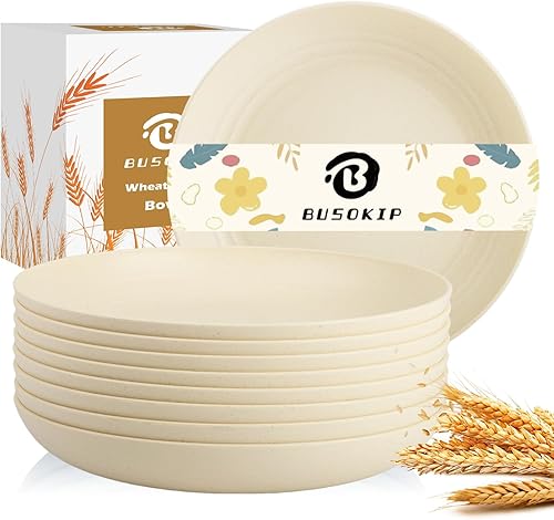 Juego de 8 Platos Hondos para Cena, Plato de Paja de Trigo de 9 Pulgadas, Plato de Plástico Ligero e Irrompible Reutilizable, Apto para Microondas y