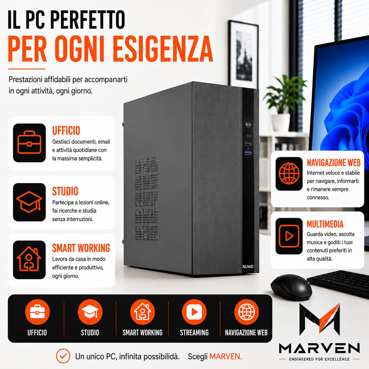 MARVEN PC Ufficio Office Intel Core i5, 8GB RAM, 240 GB SSD + 320 GB HDD, Windows 11 Pro, WiFi, Computer Desktop Fisso Professionale Pronto all'Uso