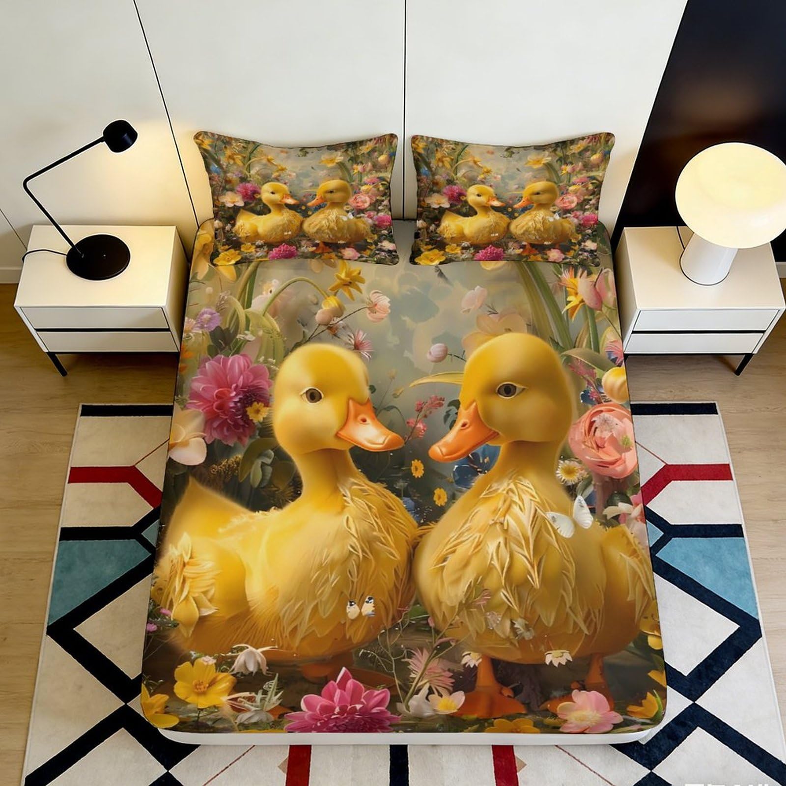 3D Printed Yellow Duck Floral Fitted Sheet Microfiber Soft Bed Cover for Bedroom Guest Room Mattress Protection 200x200x25cm