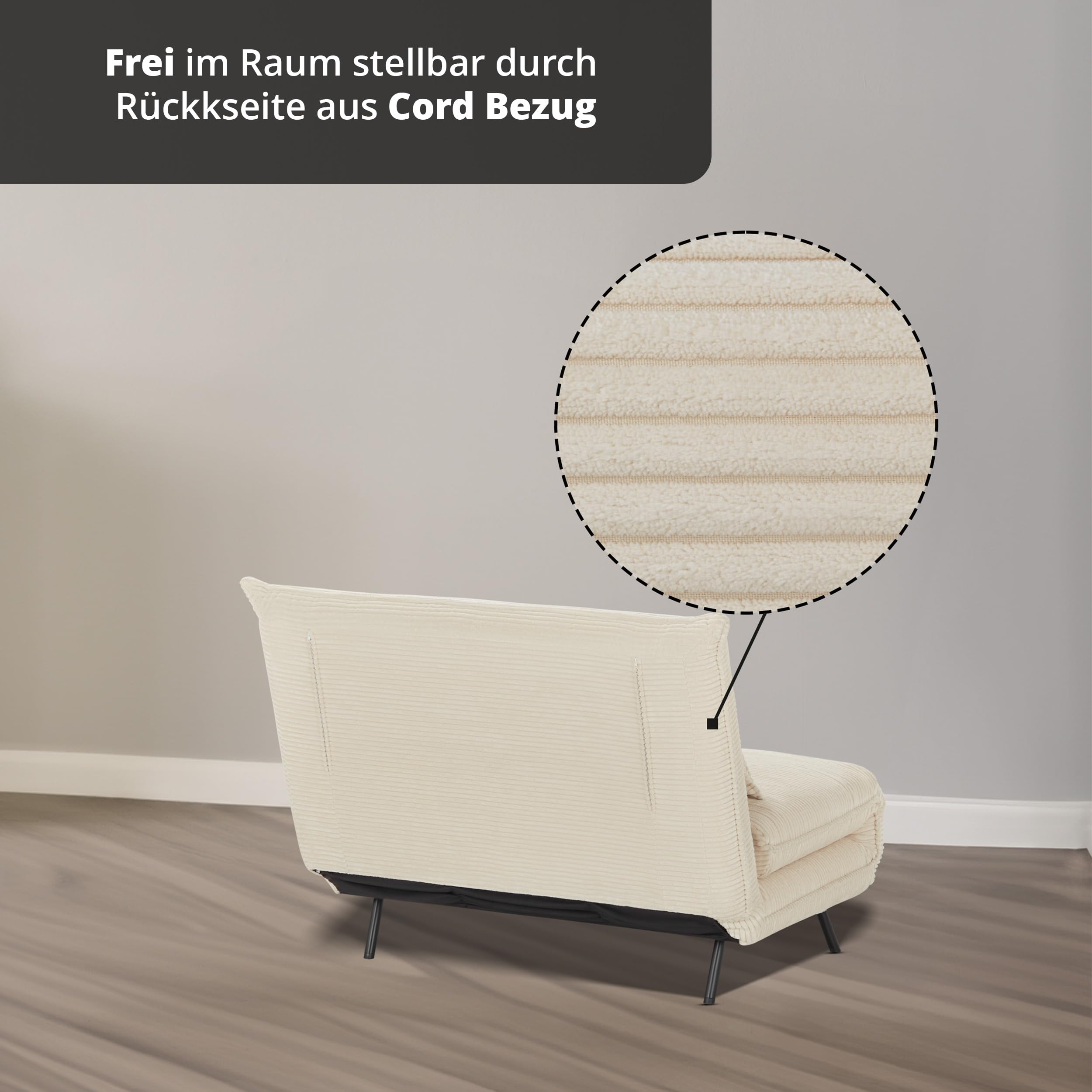 KHG Schlafsessel Beige - Liegefläche ca. 193x108 cm, Sitzhöhe 42 cm, Cordstoff, Relax- und Schlaffunktion, Nosag-Wellenunterfederung, inkl. Nierenkissen, modernes Design