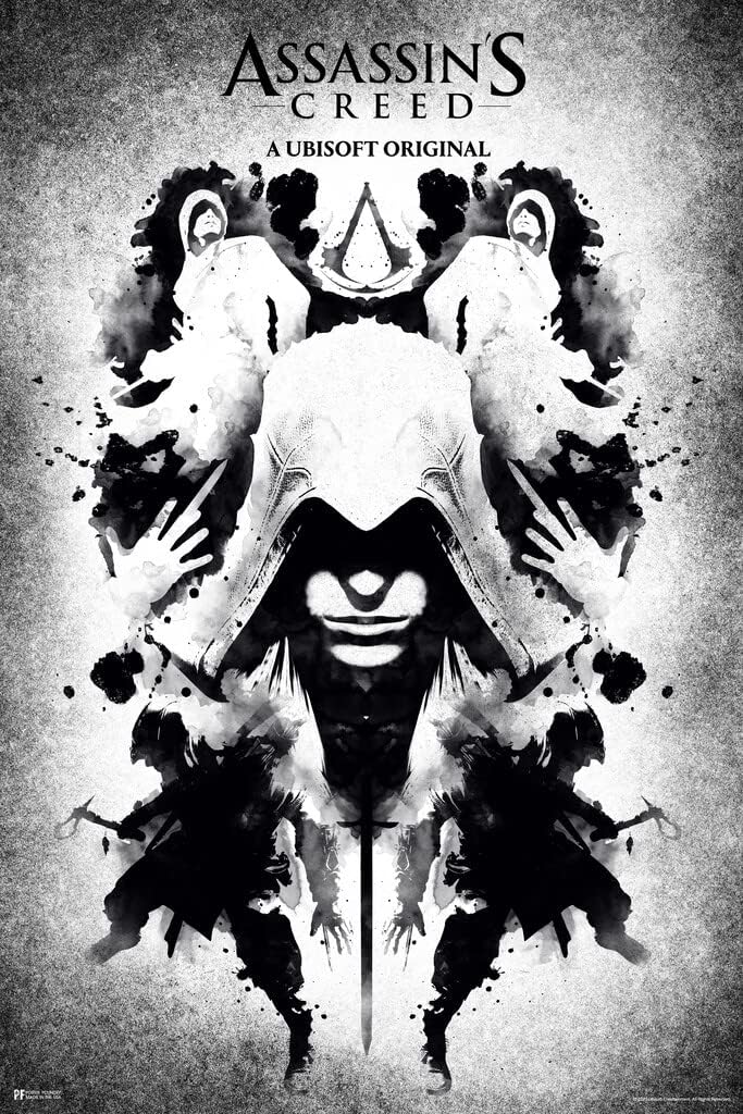 Póster de Assassins Creed Inkblot Art Valhalla Origins Syndicate Odyssey Black Flag Assassins Creed Merchandise Gamer Cool Wall Art Print Póster 12x18