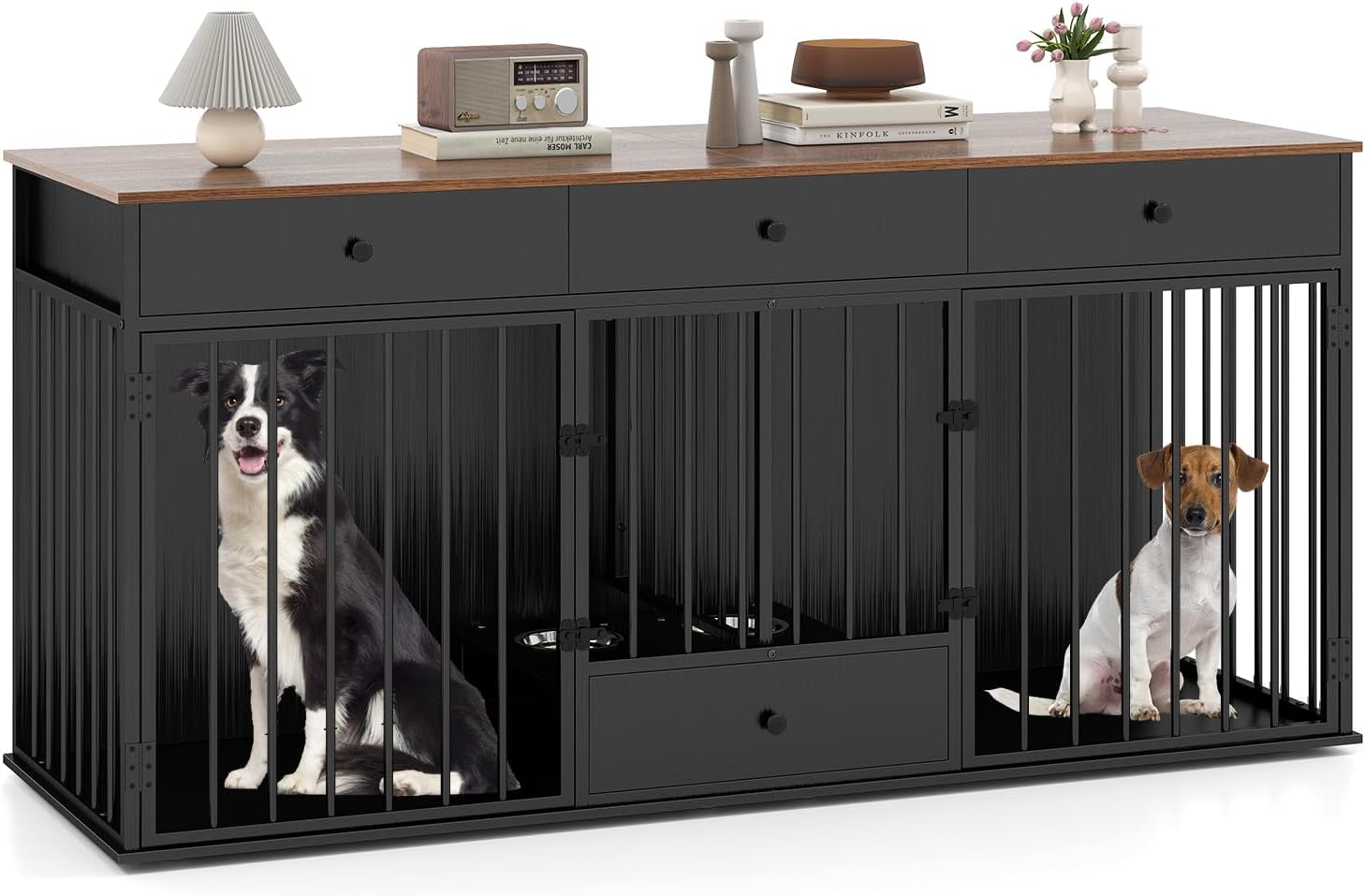 PETSITE 71-inch Double Dog Crate Furniture, Modern Dog Kennel Indoor for 2 Dogs with 3 Drawers, Pull-Out Dog Feeder, 4 Stainless Bowls, Dog Crate TV Stand for Small and Medium Dogs (Black)