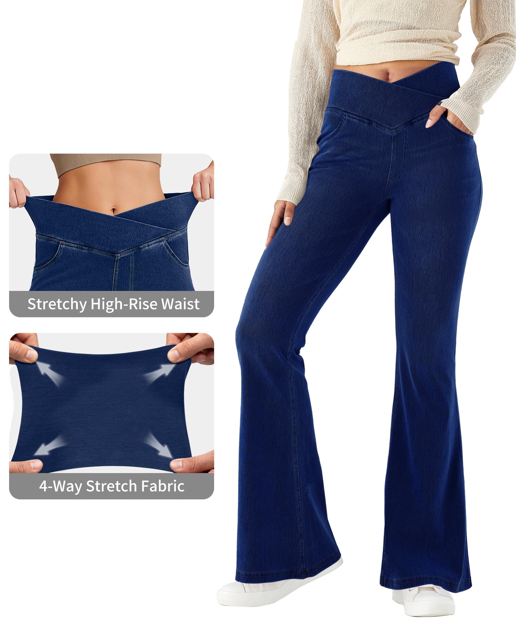 LaiEr Mujer Bootcut Jeans V Crossover Cintura Alta Tirar de Control del Vientre Casual Fitness Pantalones Skinny de Yoga,Tejido Suave de Alta Elástico de Denim,Leggings campanados