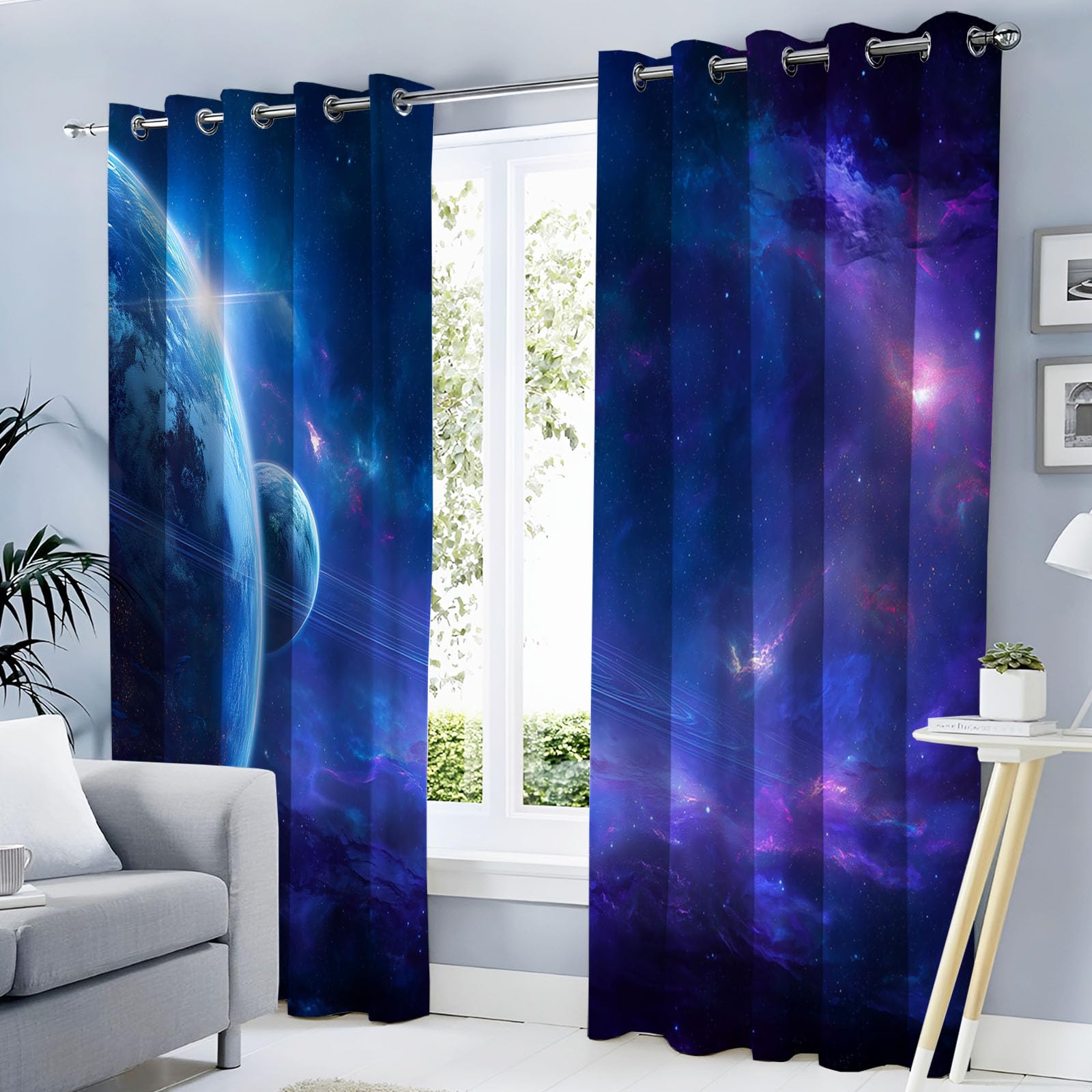 Rideaux occultants pour salon et chambre Espace bleu-violet au motif nébuleuse magique