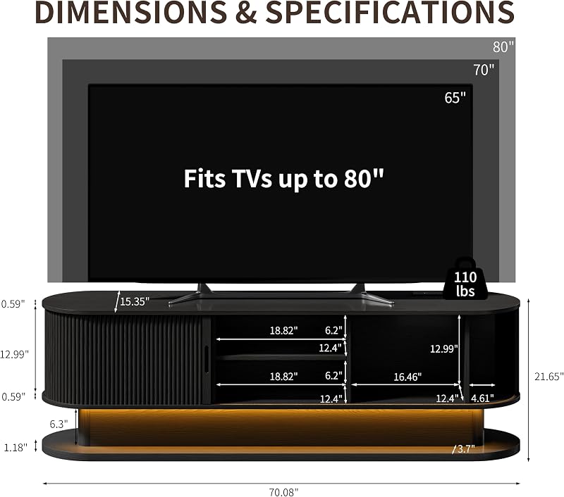 DHH 70" Fluted TV Stand with Power Outlet for TVs up to 80", Mid Century Modern TV Console with LED Lights and Storage,Entertainment Center with Sliding Door for Living Room Bedroom(Black) image 2