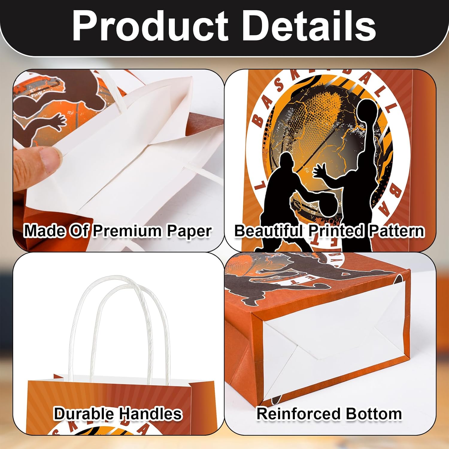 Bgtecho 24 Pcs Basketball Gift Bags, Basketball Party Favor Bags with Handles, Candy Treat Goodie Bag, Sports Themed Paper Bags for Birthday Party Supplies, Style 1 (Basketball 1) - Image 3
