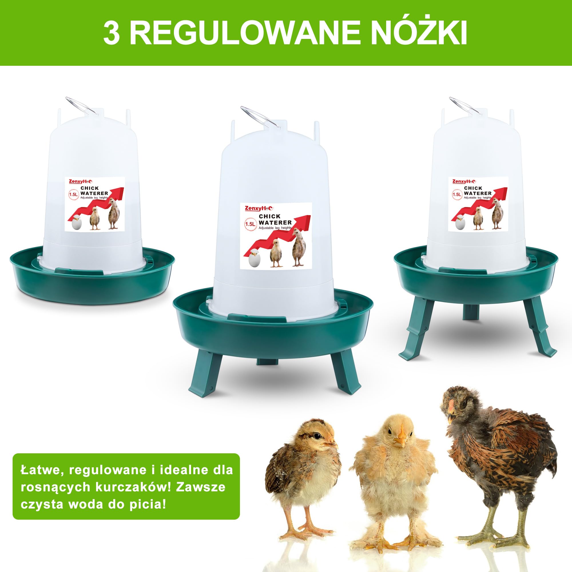 ZenxyHoC Zestaw do poidła dla piskląt, automat do karmy dla kurcząt, 1 kg i poidło 1,5 l z 3 regulowanymi wysokościami (zielony)