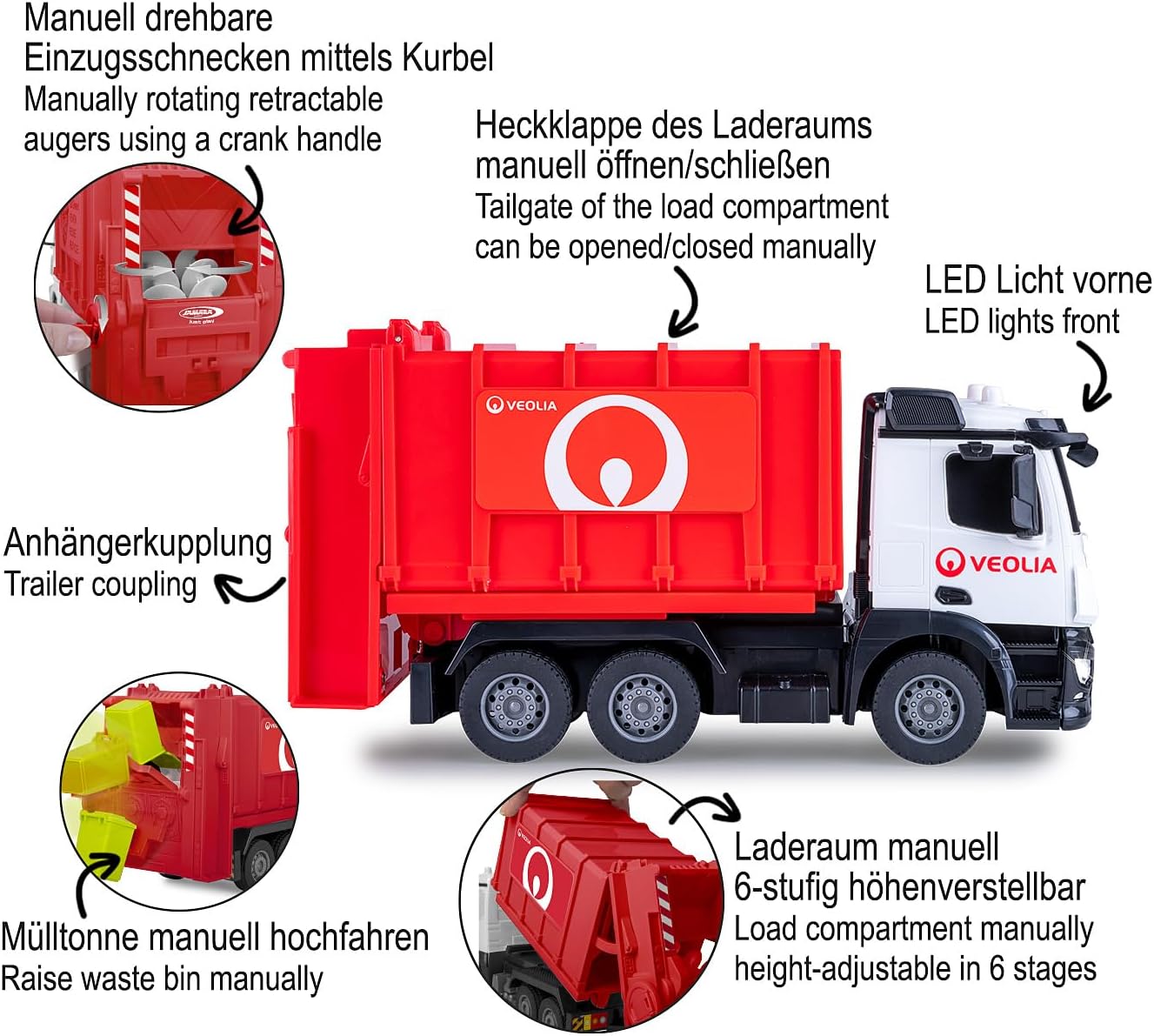JAMARA 408305 Mercedes-Benz Antos 1:26 2.4 GHz Bin Truck Toy Bin for Children from 6 Years Old Remote Controlled Toy Gift for Children Wheelie Bin