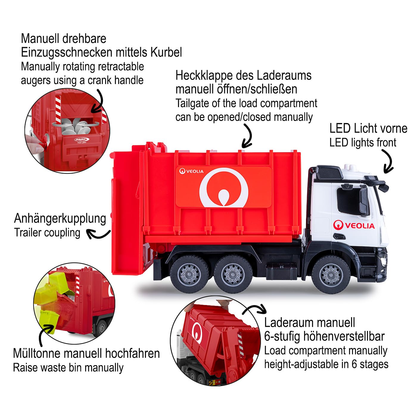 JAMARA 408305 Autocarro della Spazzatura Mercedes-Benz Antos 1:26 2,4 GHz – Giocattolo Camion della Spazzatura dai 6 Anni in su, per Bambini radiocomandato, RC Toys, Regalo per Bambini, bidone della