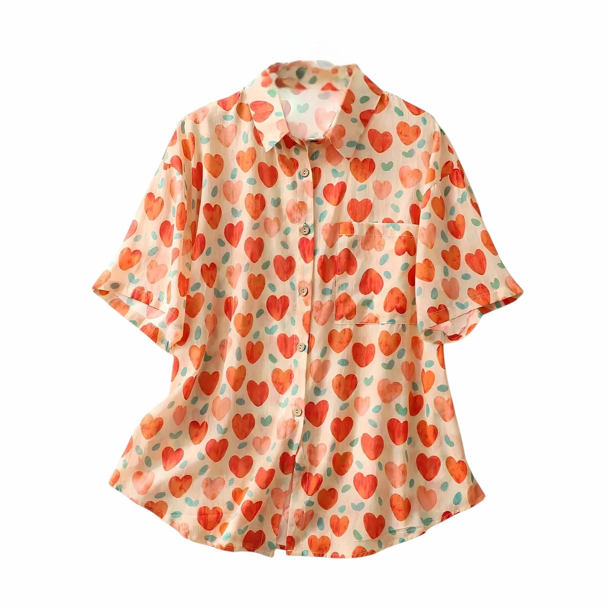 gufrina Women’s Button Down Shirt with Red Heart Print and Short Sleeves in Beige Base Casual Regular Fit (Top-125)-picture-44