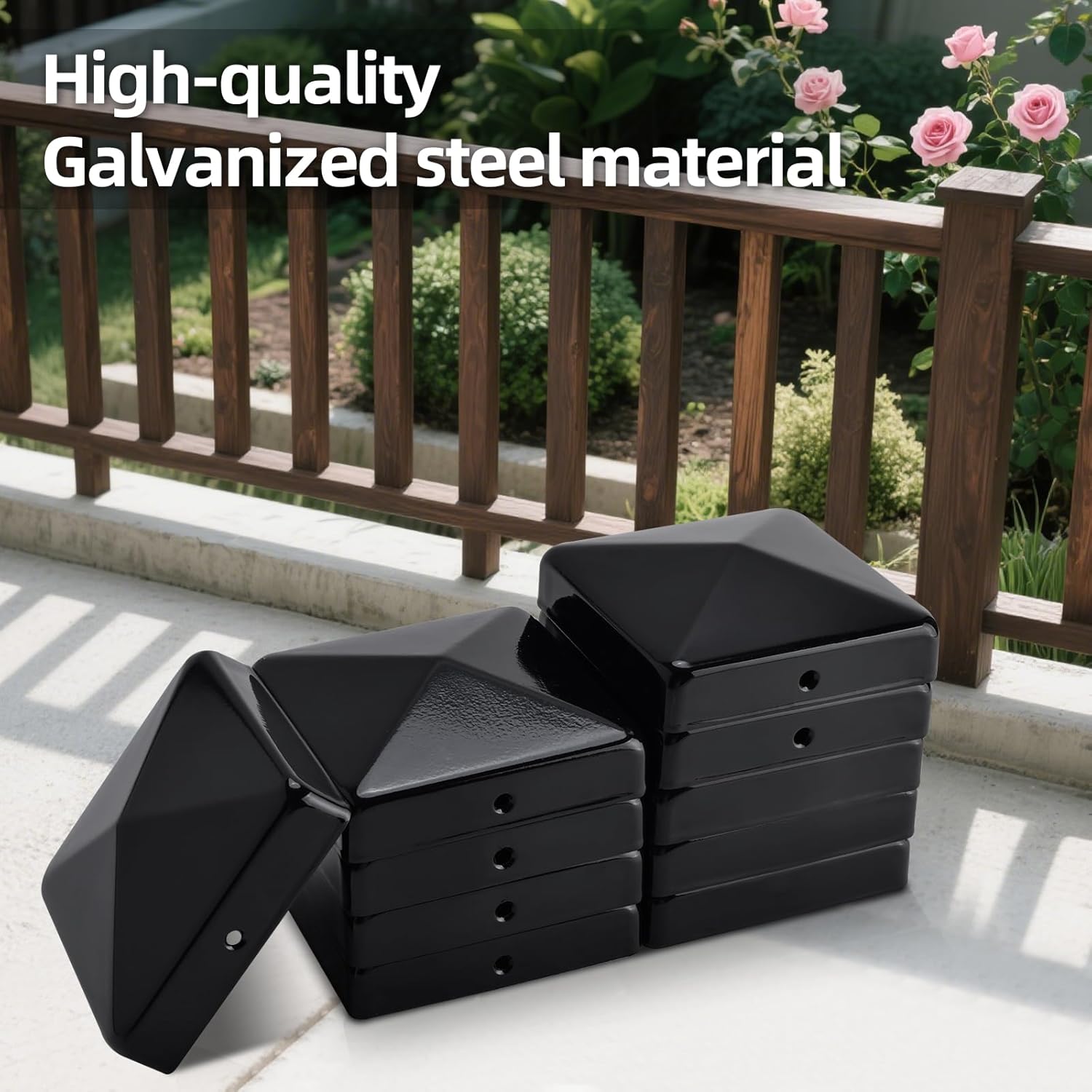 4x4 Post Caps, Galvanized Steel Fence Pyramid Decking Caps for (Actual 3.5" x 3.5") Fence Wood Post of Decks or Corridors, Black (10 Pack)