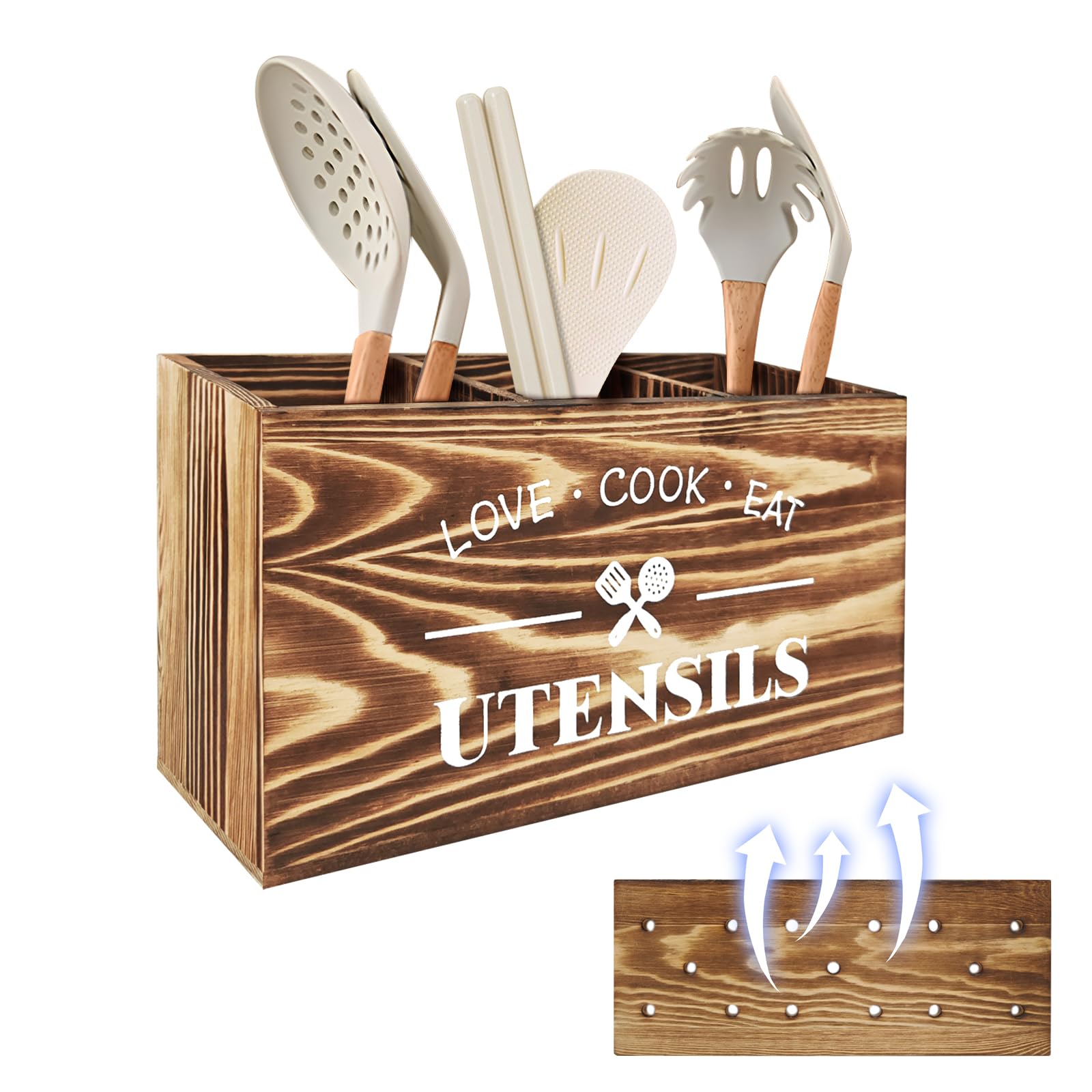Cable Leader Küchen Utensilien Holder, Küchenutensilien Aufbewahrung Holz, Küchenutensilien Aufbewahrung, Holz Küchenutensilienhalter Naturbraun, Utensilien Halter Mit Luftlöchern(30*12.5*17.5 cm)