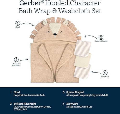 Miniatura 6 de Gerber Baby - Juego de 4 piezas de toalla con capucha y toallitas con personajes de animales, León Marrón, talla única