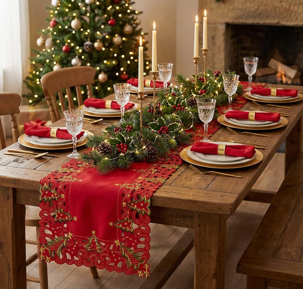 SHANGRLA Christmas Table Runner 90 Inches Long – Red Lace Tablerunner with Embroidered Xmas Tree, Gold Stars & Cutwork Design – Holiday Table Decor for Dining Room, Coffee Table Centerpiece
