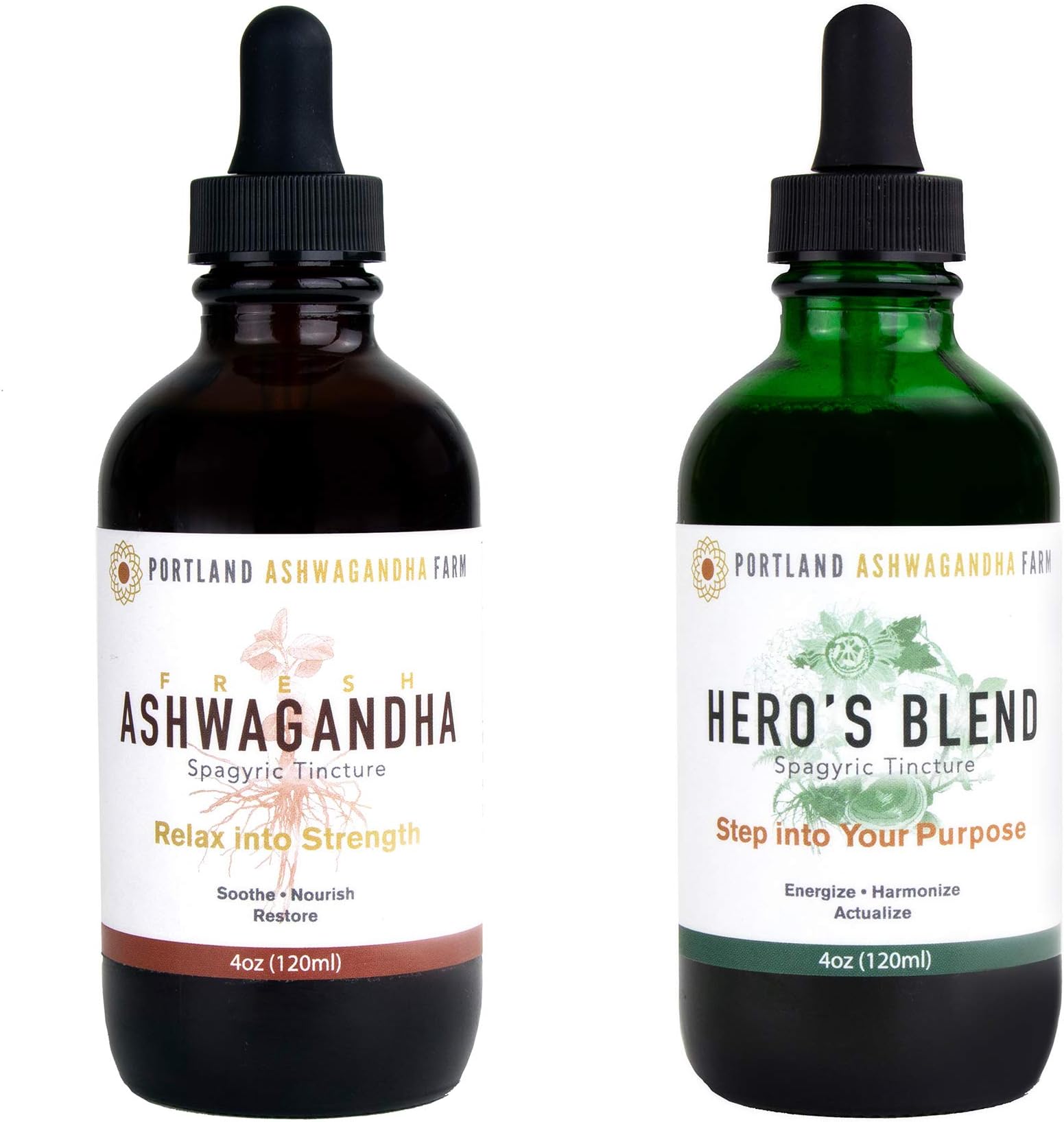 Bundle - Fresh (not Dried) Ashwagandha Adaptogenic Ayurvedic Liquid Tincture for Enhanced Absorption + Hero's Blend Tincture 4oz