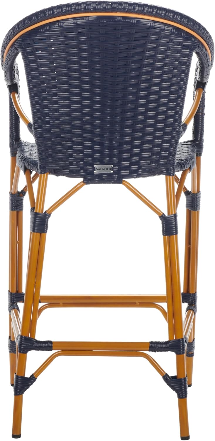 SAFAVIEH Outdoor Collection California Bistro Navy 30-inch Seat Height Bar Stool with Arms (Fully Assembled)