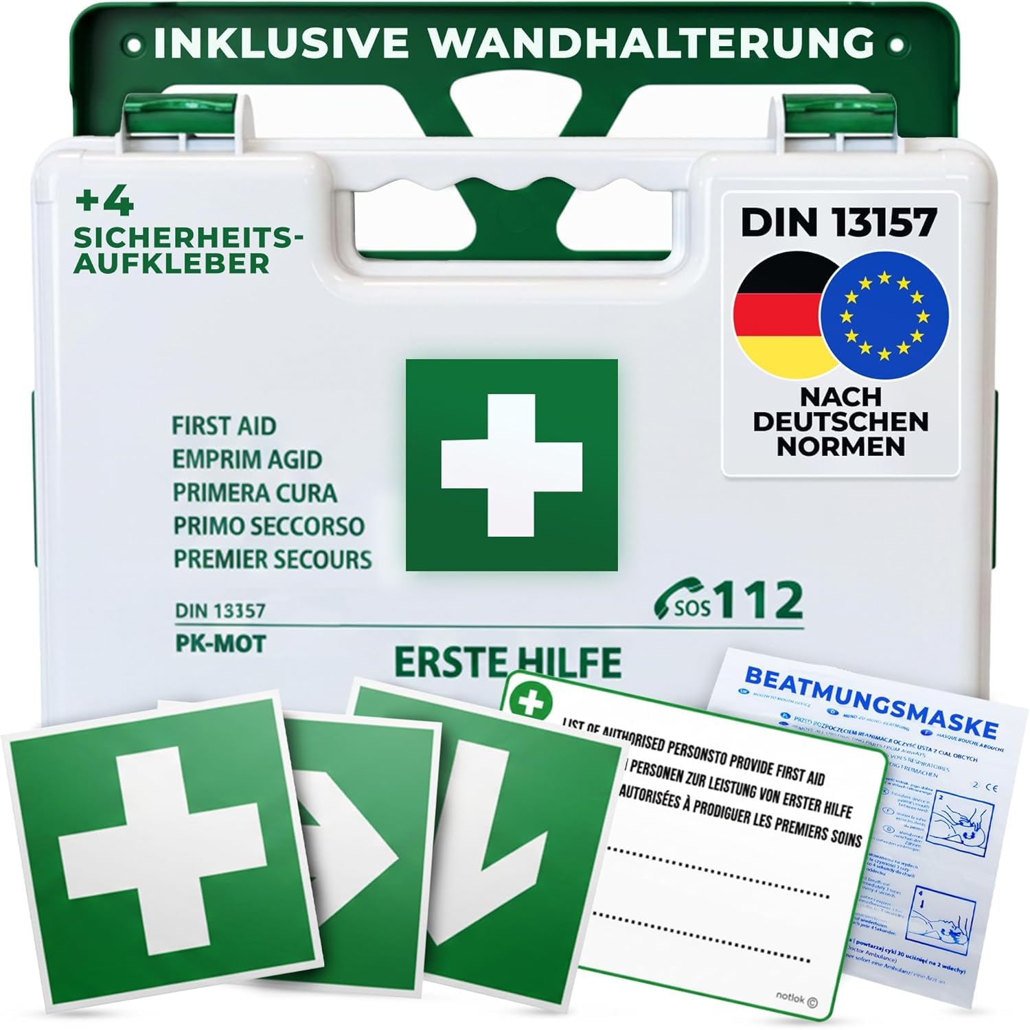 Trousse de Secours Complete DIN 13157 | Trousse Premier Secours - Boîte Pharmacie Murale | Pour Entreprise & Maison | Kit avec Pansements & Couverture de Survie Isothermique