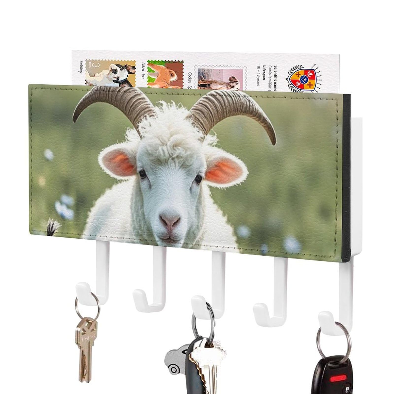 FekiLoot Sheep Key Holder Wall Mount Key Hanger with 5 Hooks Decorative Key Rack Hanging Key Hooks with Mail Organizer Key Holder for Wall Living Room Kitchen Bathroom Hallway White