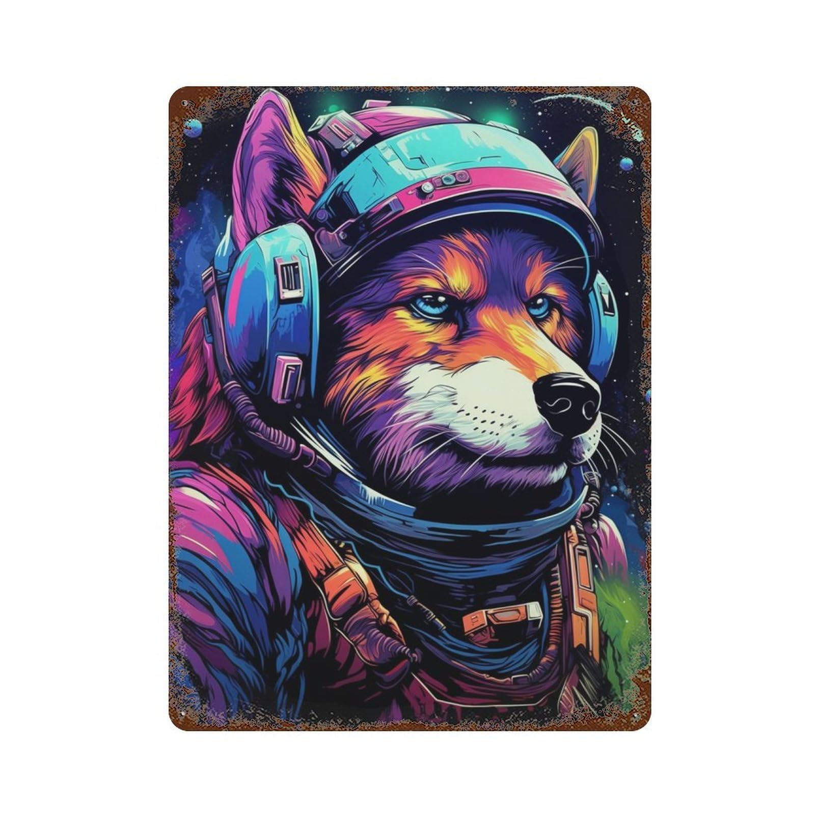 Rust Effect Space Dog Explorer-186 Vintage Metal Tin Sign 15.7"x11.8", Farmhouse Wall Decor for Garage, Bar And Workshop Decor
