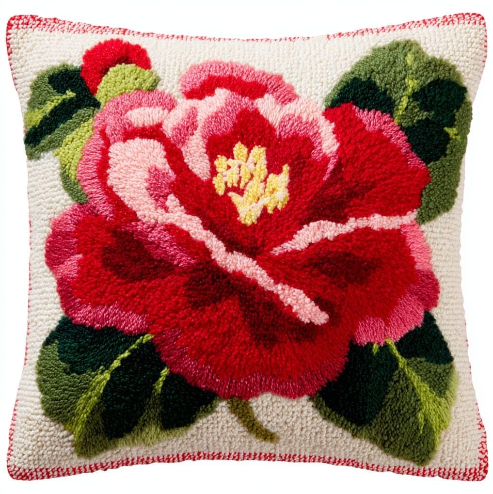 AxiangziK DIY Latch Hook Pillow Kit,Vibrant Camellias 17x17inch Printed Pillowcase Crochet Yarns Hooking Handmade Cushion for Home Sofa Decoration