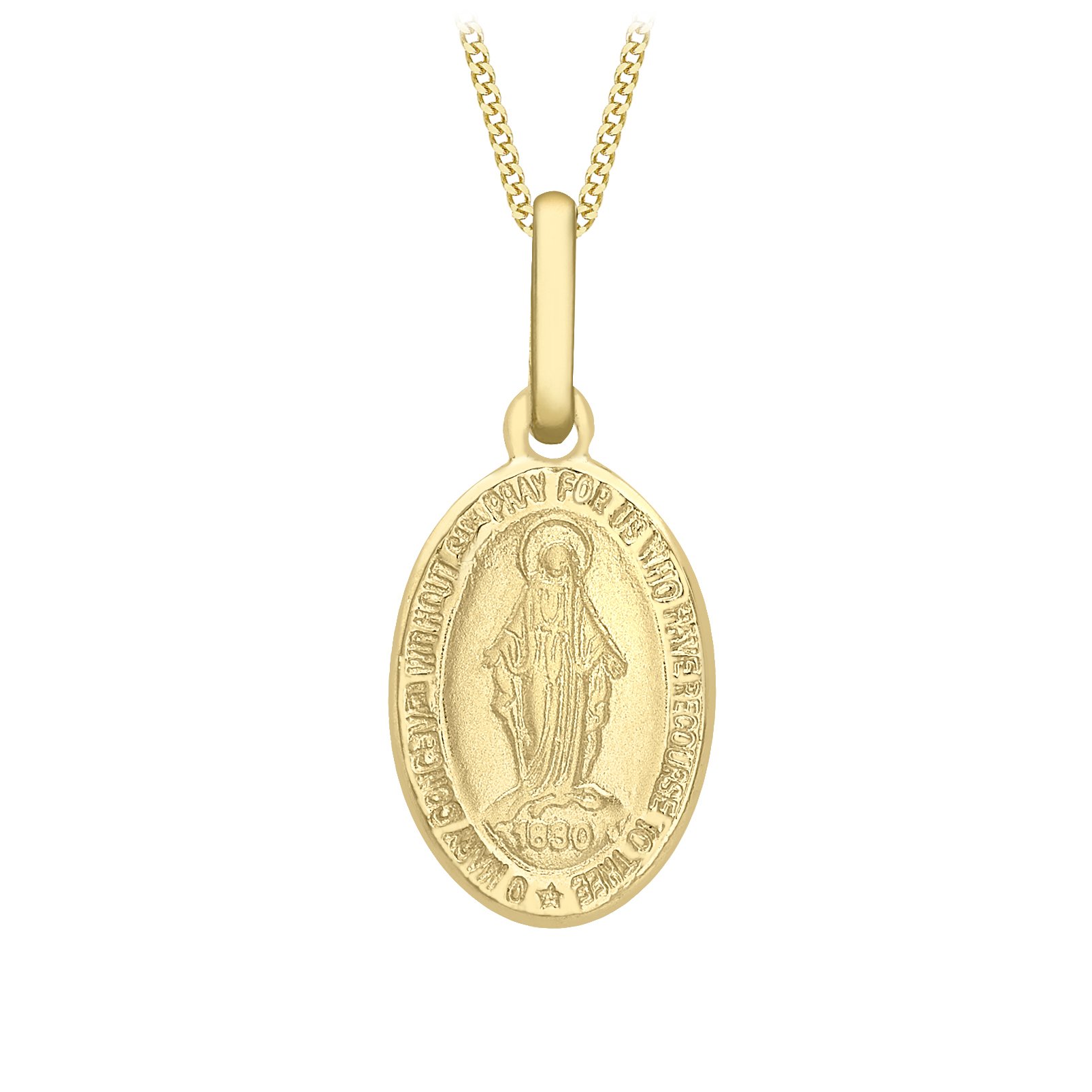 Gold Women's 9 ct Yellow Gold Small Oval Holy Mary Pendant on Curb Chain of Length 46 cm/18 inch