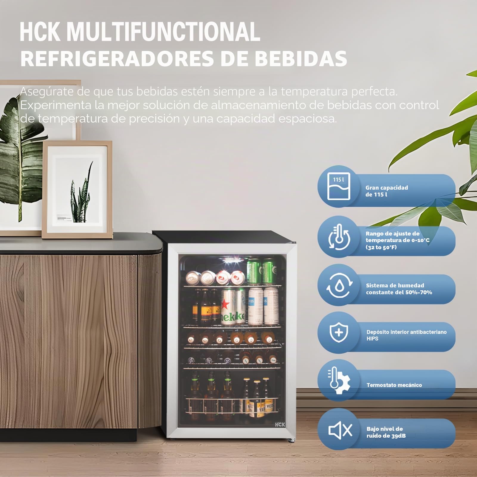 HCK Refrigerador de Bebidas Independiente de 115L con Puerta de Vidrio Doble, Temperatura Ajustable de 0-10℃, 4 Estantes Removibles para Cerveza y Bebidas