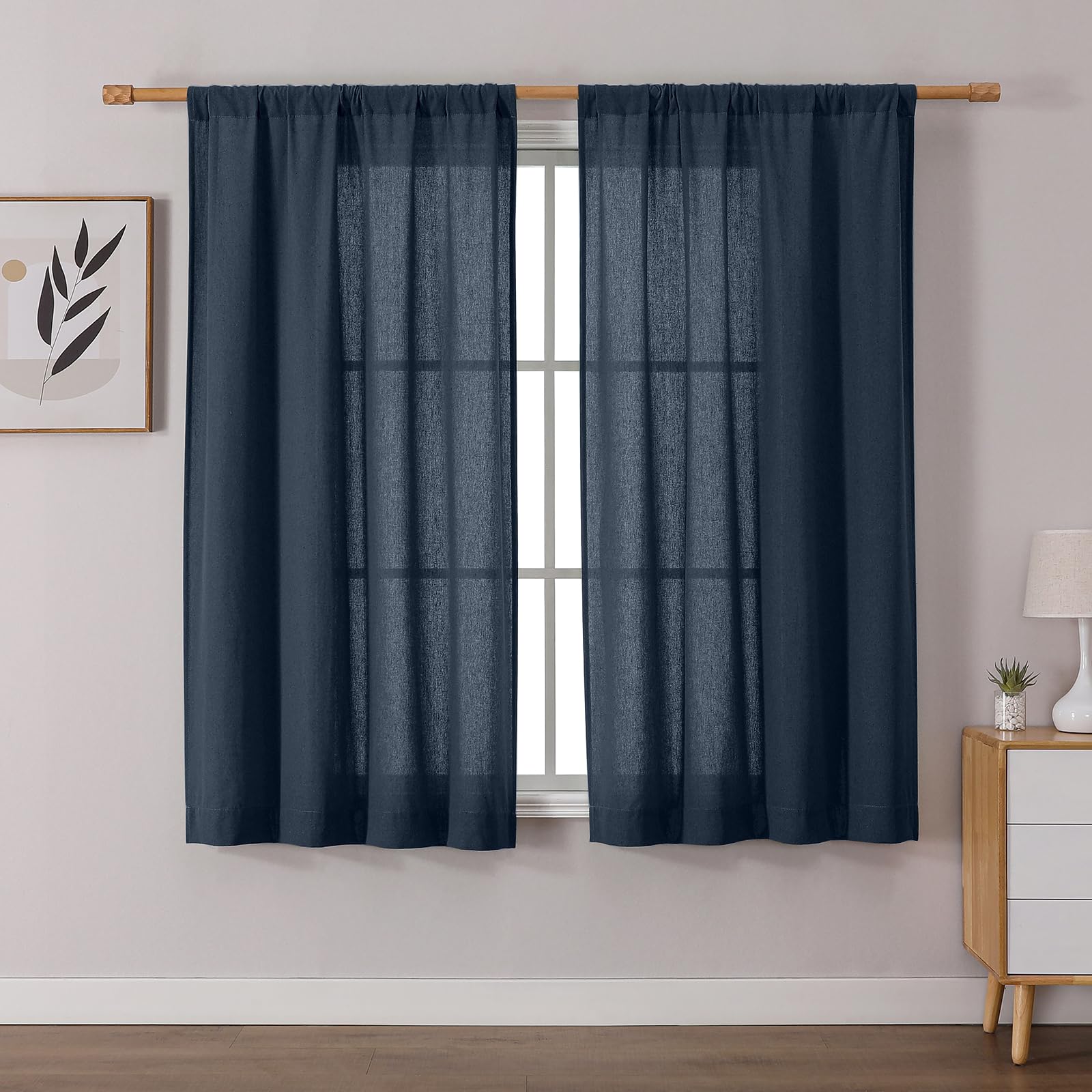 OWENIE Colin 2 Panels Navy Blue Curtains 63 Inch Length for Bedroom Living Room, Semi Sheer Light Filtering Linen Textured Window Treatments, Rod Pocket Dining Room, 2 Panels, 42x63 Inch