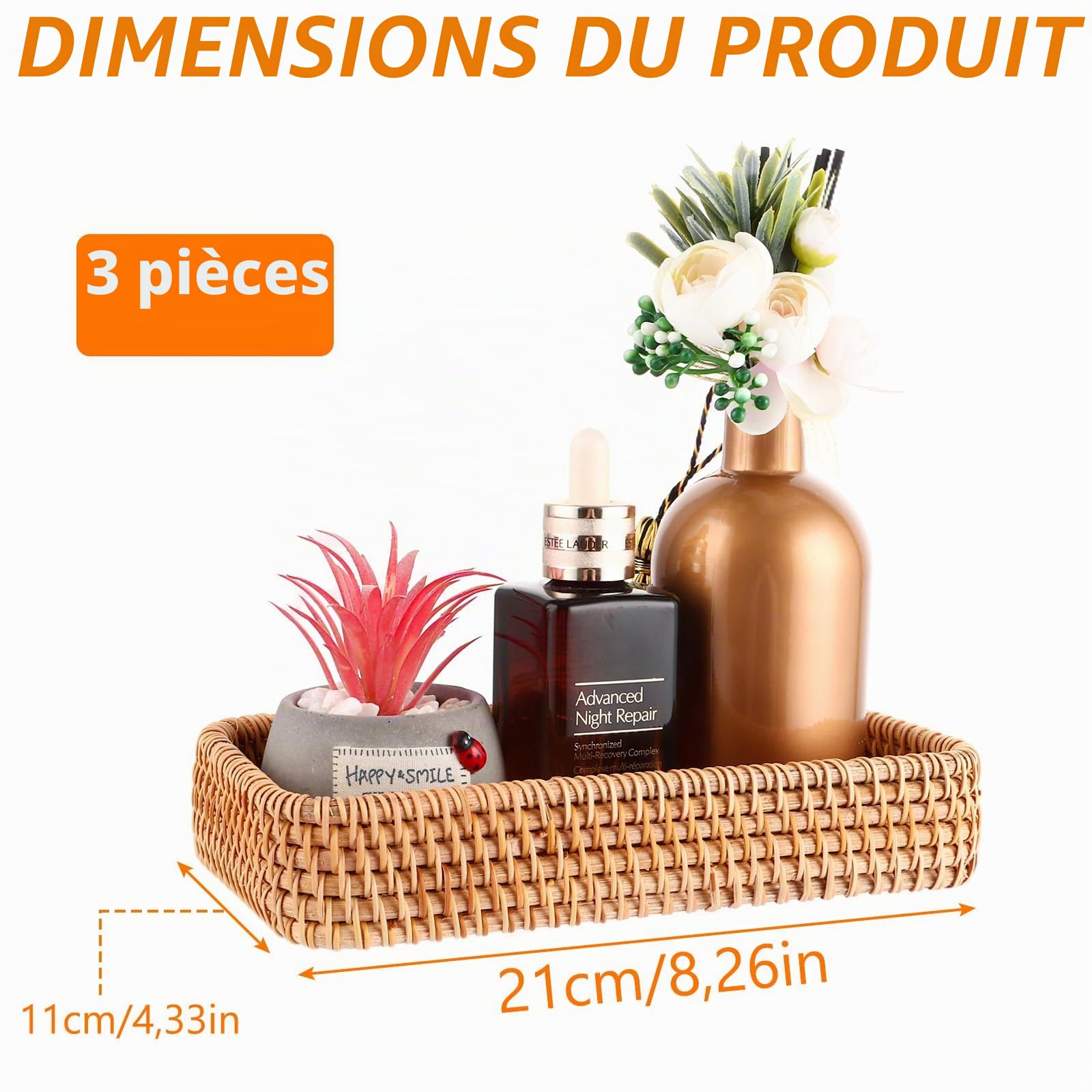 MIVIDE 3pcs Plateau de Service en Rotin, 21 x 11 x 4 cm Plateaux de Service Rectangulaire, Plateau de Salle de Bain Tissé pour Le Rangement, Décoratif