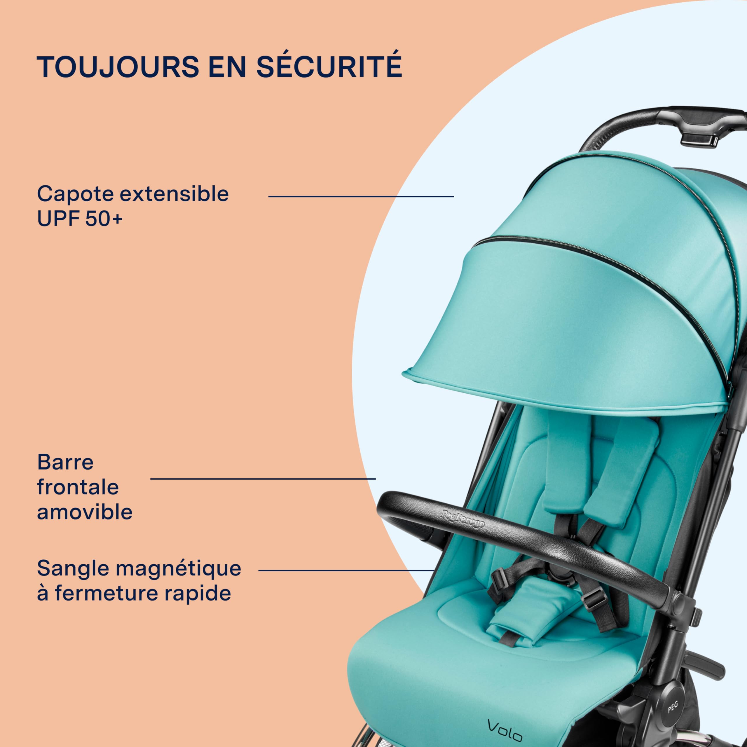 PEG Poussette Légère Volo avec Habillage Pluie, Format Cabine Avion, Ultra Compacte, Dès la Naissance jusqu’à 22 kg, Sac de Transport Inclus, Tahiti