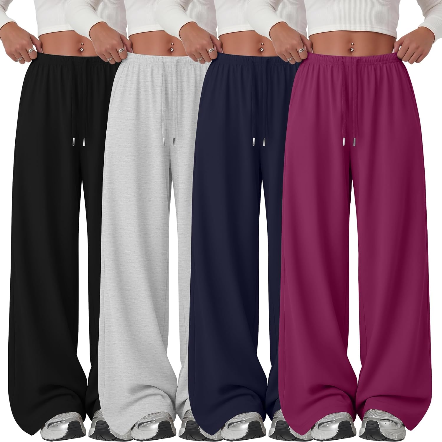 Neer 4 Pack Women Sweatpants Wide Leg Low Waist Baggy Joggers Drawstring Elastic Sport Casual Lounge Pants with Pockets