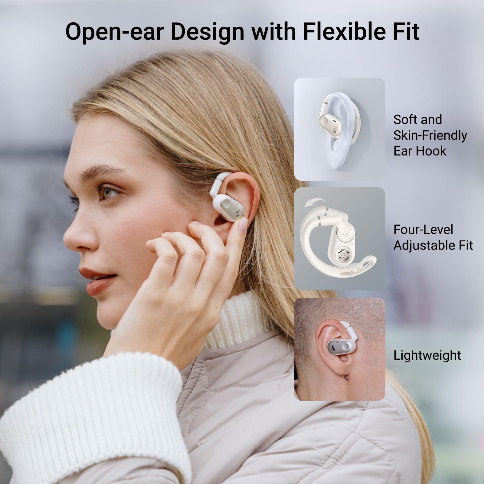 Edifier Cuffie senza fili con auricolari aperti, auricolari con audio ad alta risoluzione 40 ore di riproduzione, IP55 antipolvere e impermeabile, Bluetooth 5.4, ganci ergonomici leggeri