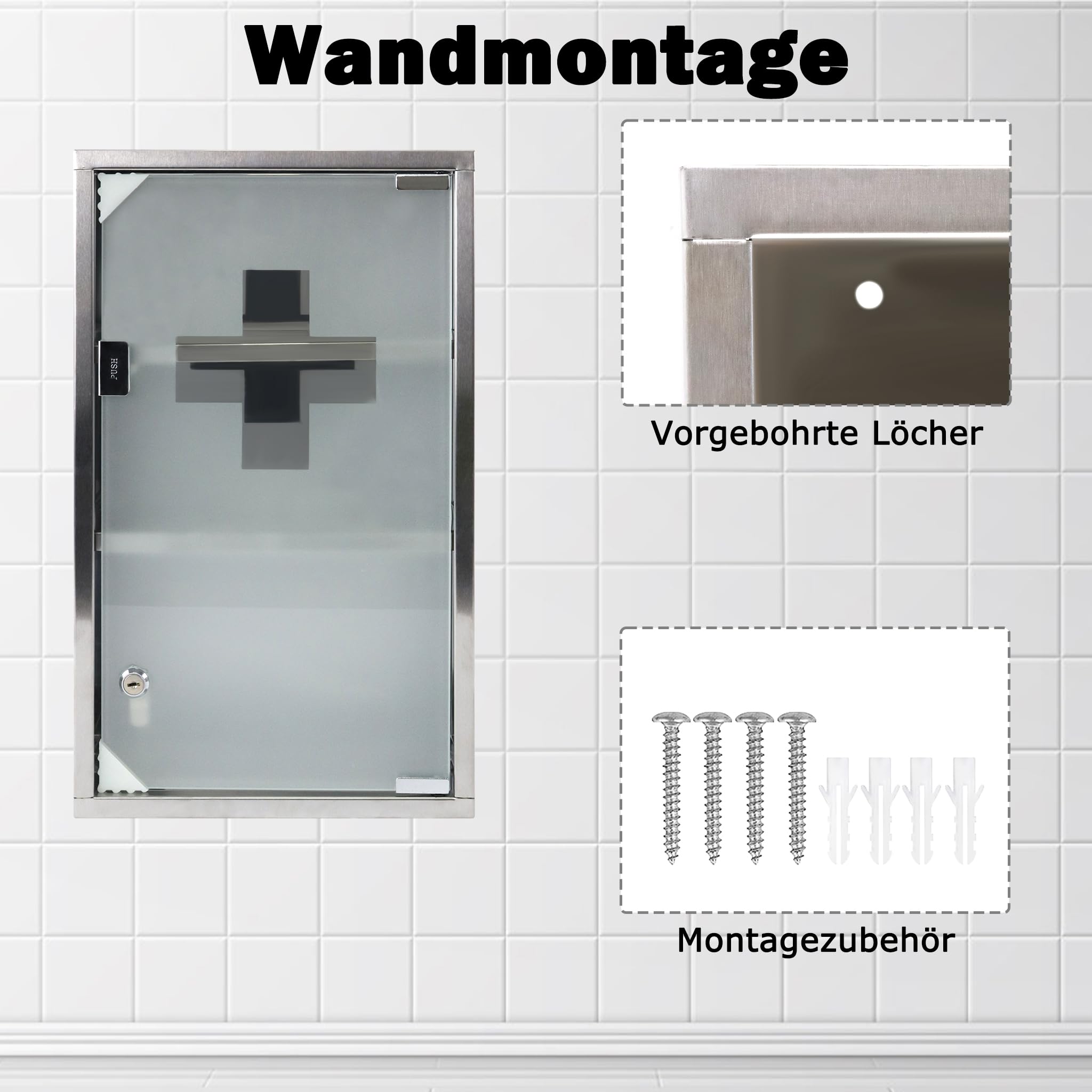 UISEBRT Medizinschrank aus Edelstahl 30 x 12 x 50cm, 3 Fächer Abschließbar Arzneischrank mit Glastür, Erste Hilfe Schrank inkl. 2 Schlüsseln, Medikamentenschrank Apothekerschrank, Silber
