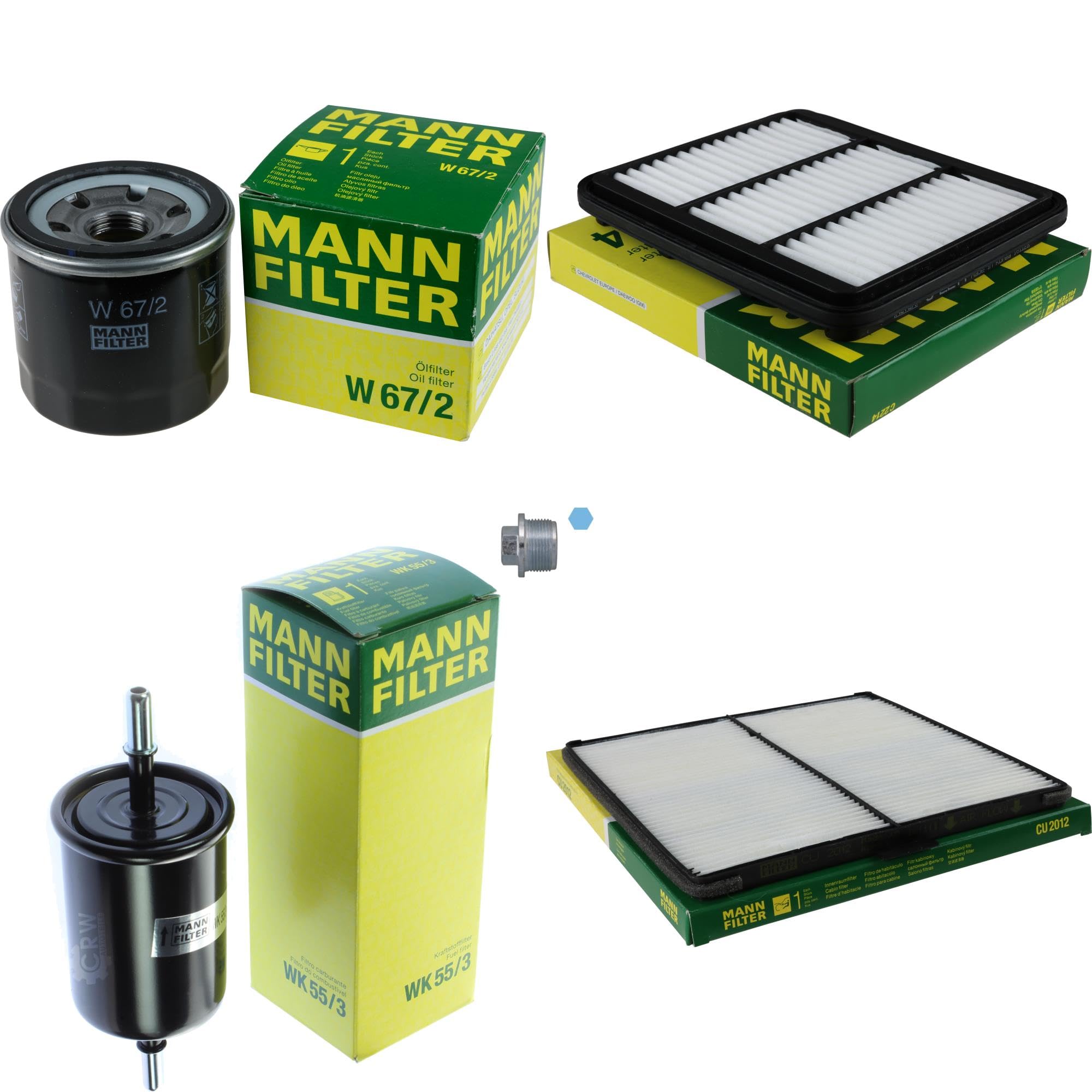 Paquete de inspección Kit de mantenimiento de filtros con filtro de aceite W 67/2, filtro de aire C 2214, filtro de combustible WK 55/3, filtro de habitáculo CU 2012, tornillo de cierre