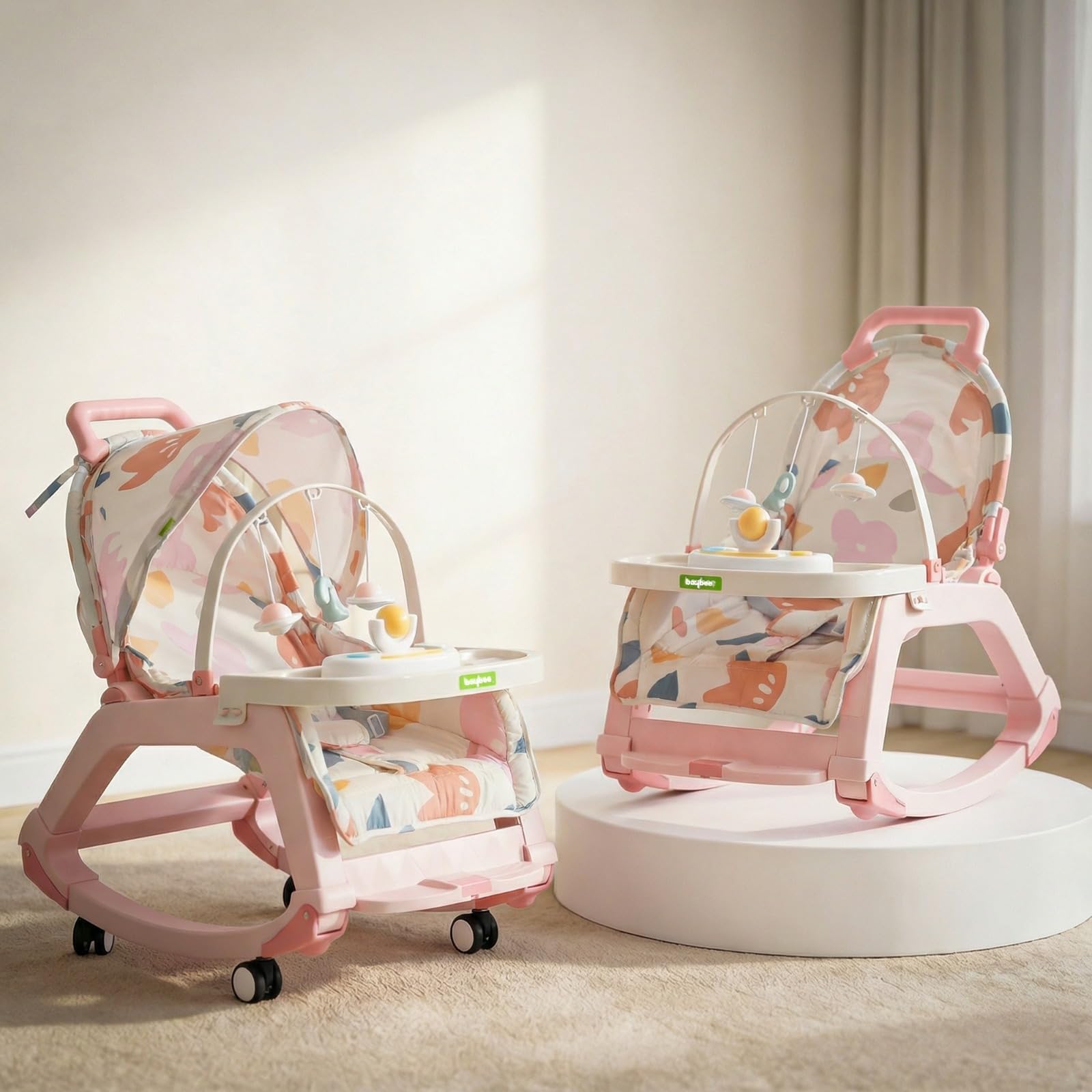 Baybee Baby Rocker & Bouncer Chair for 0–3 Years | Baby Feeding Chair with Push Rocker Mode, Adjustable Canopy, Hanging Toys, 360° Wheels & 3-Point Safety Belt (Pink)-image-24
