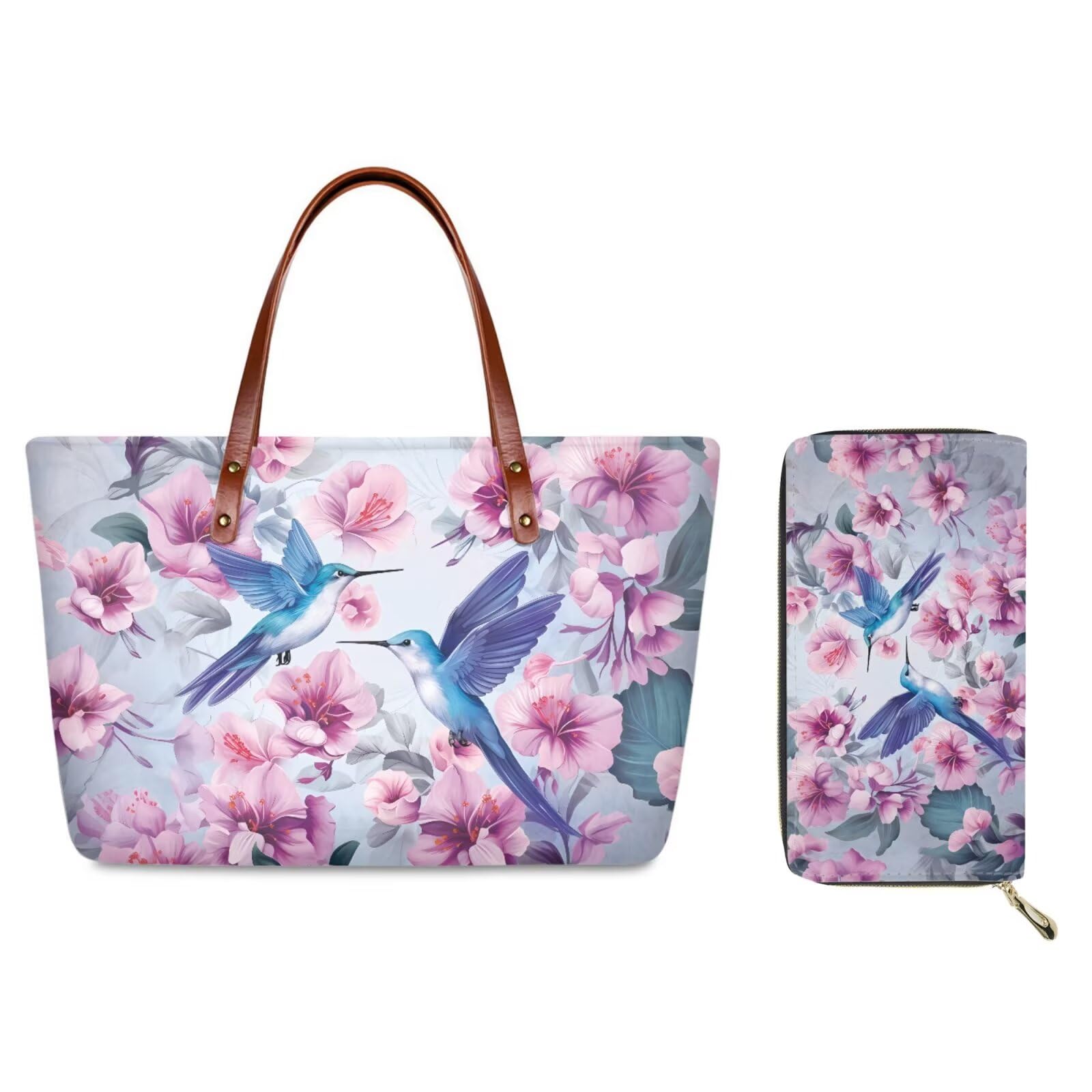 JEOCODY Pink Floral Hummingbird Tote Bags for Women Soft Top Handle Purses and Handbags Satchel Large Capacity Shoulder Bags Work Wallet Purse Card Holder Clutch
