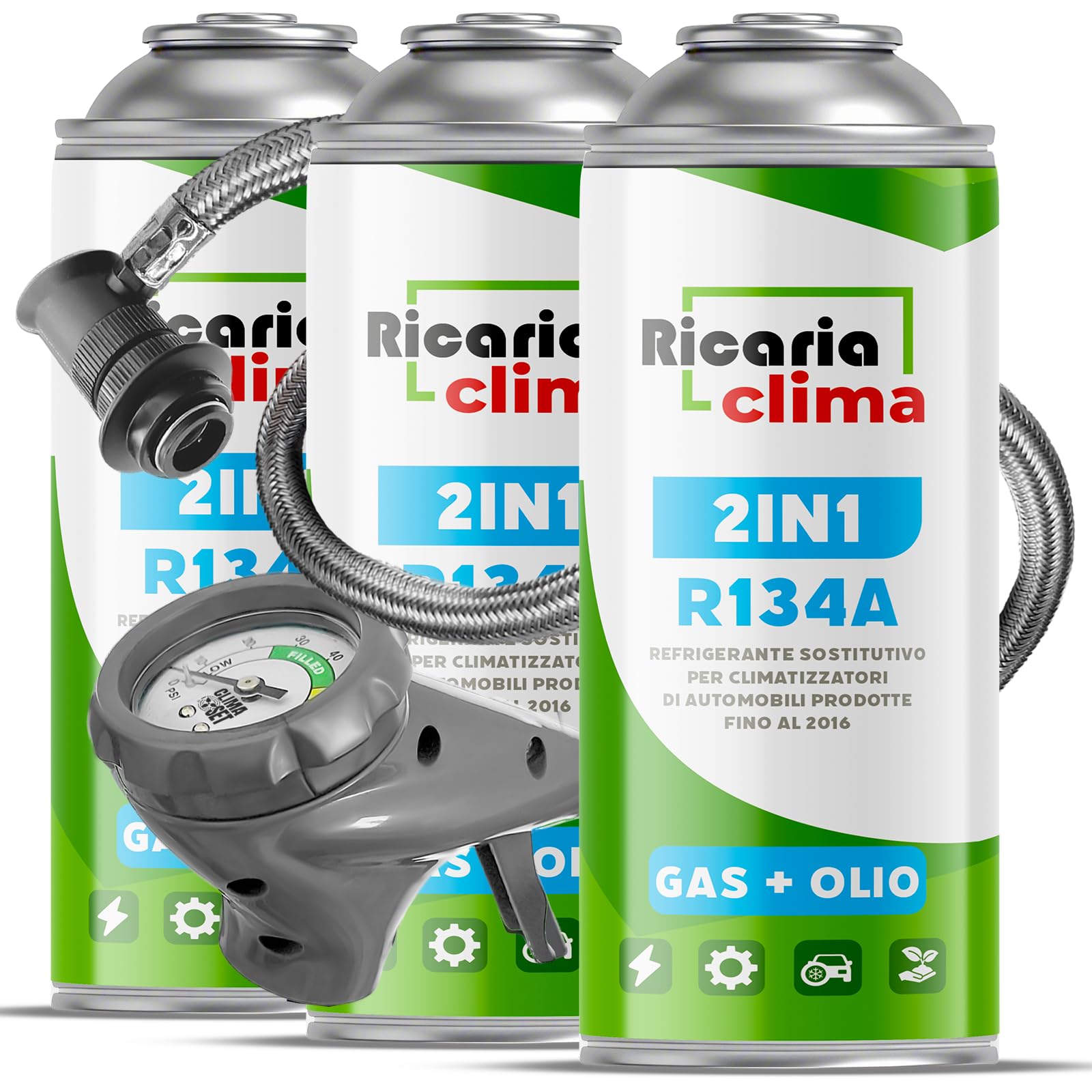Sustituto del refrigerante R134a, Gas, 3 x 235 g con Manguera para Aire Acondicionado – Recarga de Aire Acondicionado para automóviles – Gas R134a – Cartucho de Gas – Eco
