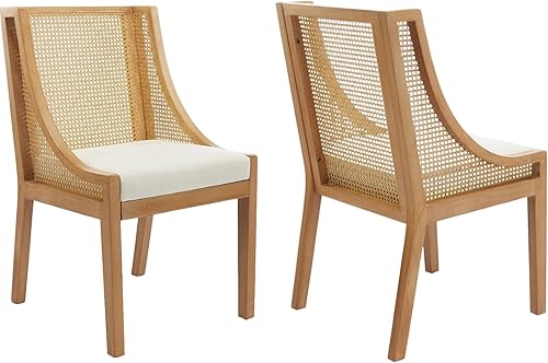 Miniatura 27 de French Country - Juego de 4 sillas de comedor de ratán beige, sillas de comedor de madera con respaldo de caña y asiento tapizado de lino, marco de